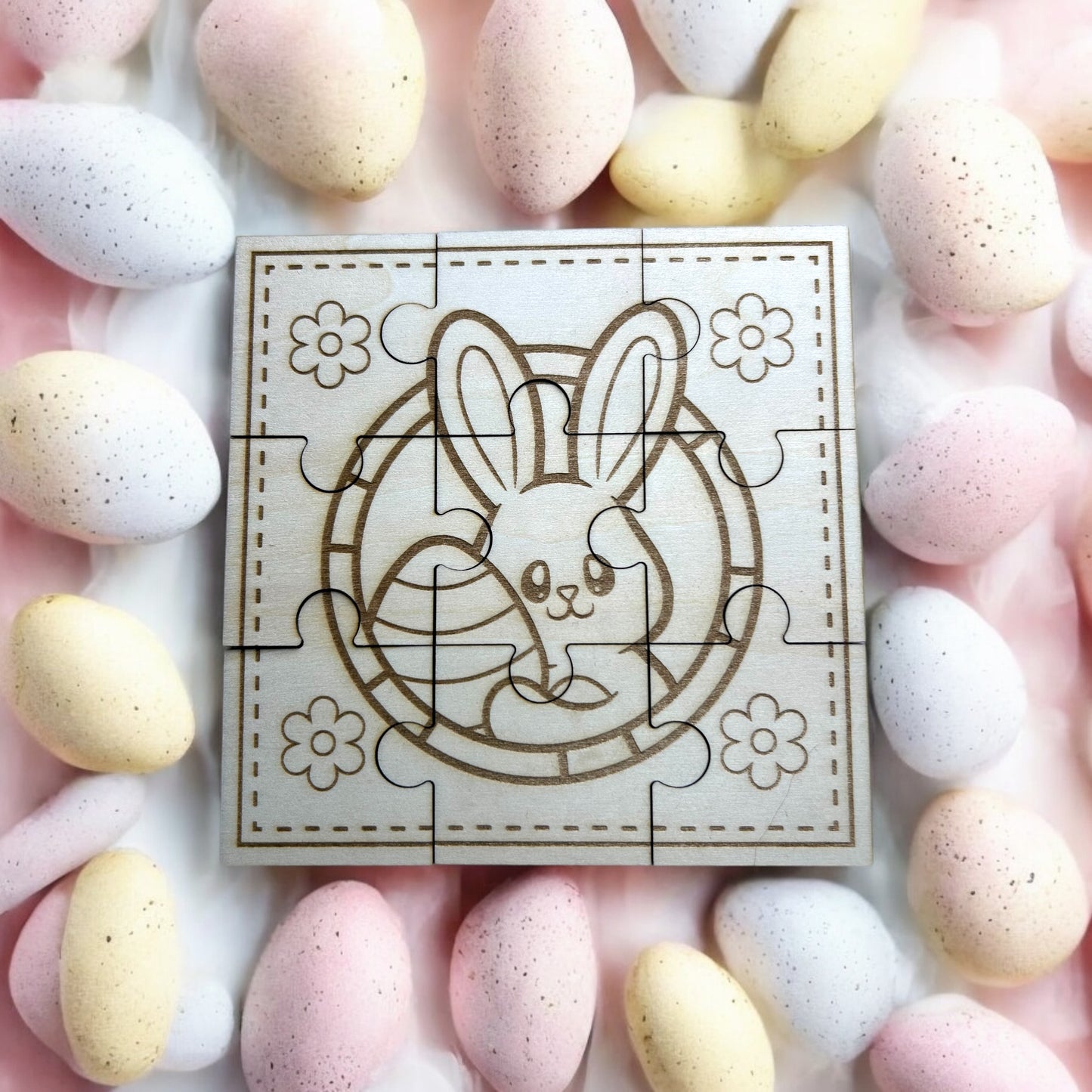 🧩Puzzle en Bois 9 Pièces – Lapin de Pâques Personnalisable avec Pochon de Rangement 🐣